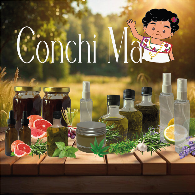 Portada de la página de Conchi Ma con productos naturales y artesanales como pomadas, aceites esenciales y mermeladas